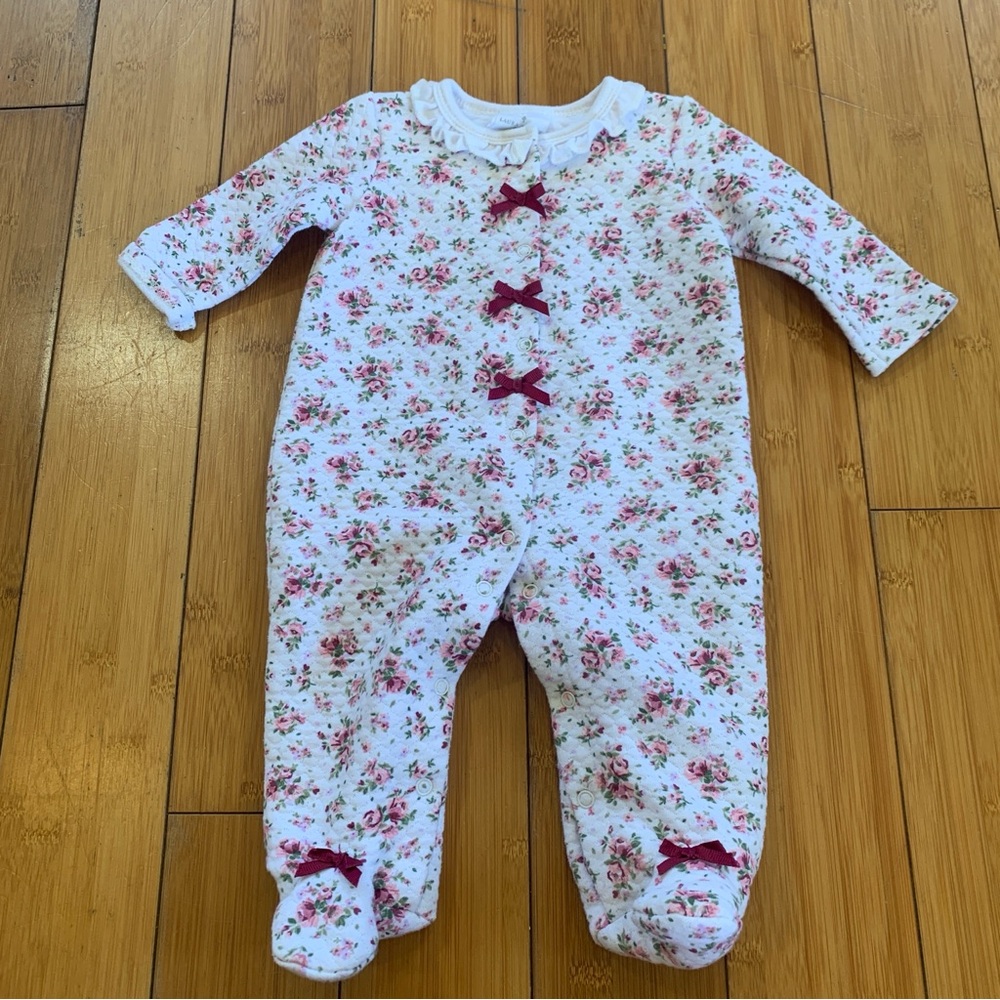 Laura Ashley White Quilted Footed Baby One-Piece with Pink Floral Print